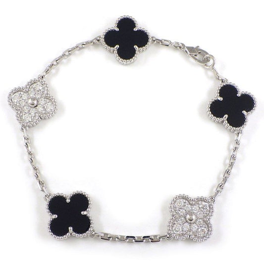 Van Cleef & Arpels Vintage Alhambra 5 Motif Bracelet with Onyx & Diamonds