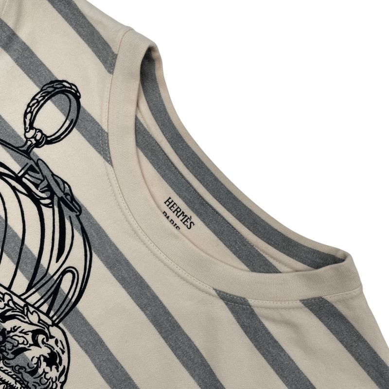 HERMES Ivory Cotton Striped Print T-Shirt for Women