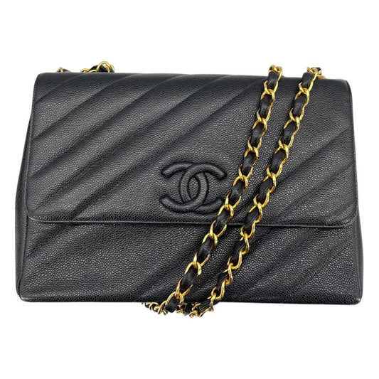 CHANEL Black Caviar Chain Shoulder Bag with Gold Hardware