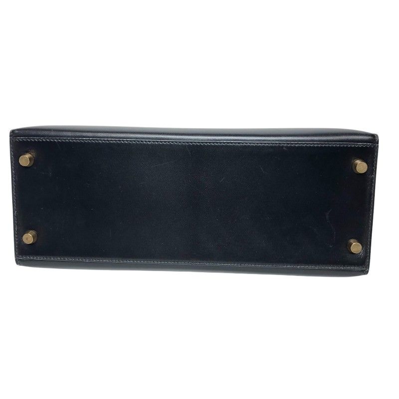 HERMES Kelly 28 Black Box Calf Shoulder Bag with Gold Hardware