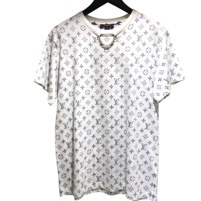 Louis Vuitton Monogram Print T-Shirt in White & Silver Hardware