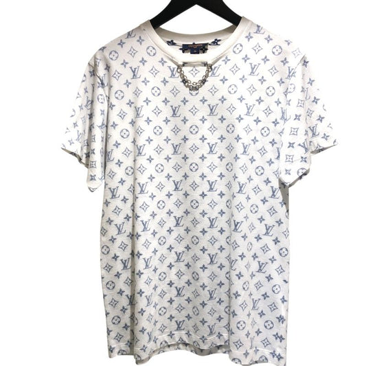 Louis Vuitton Monogram Print T-Shirt in White & Silver Hardware