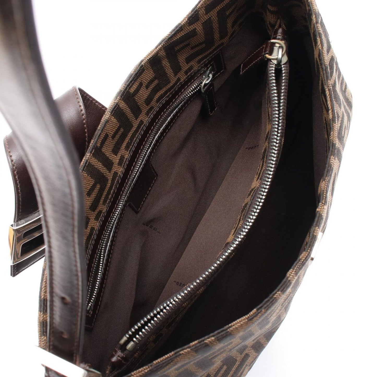 FENDI Zucca Shoulder Bag in Black/Khaki Canvas & Leather