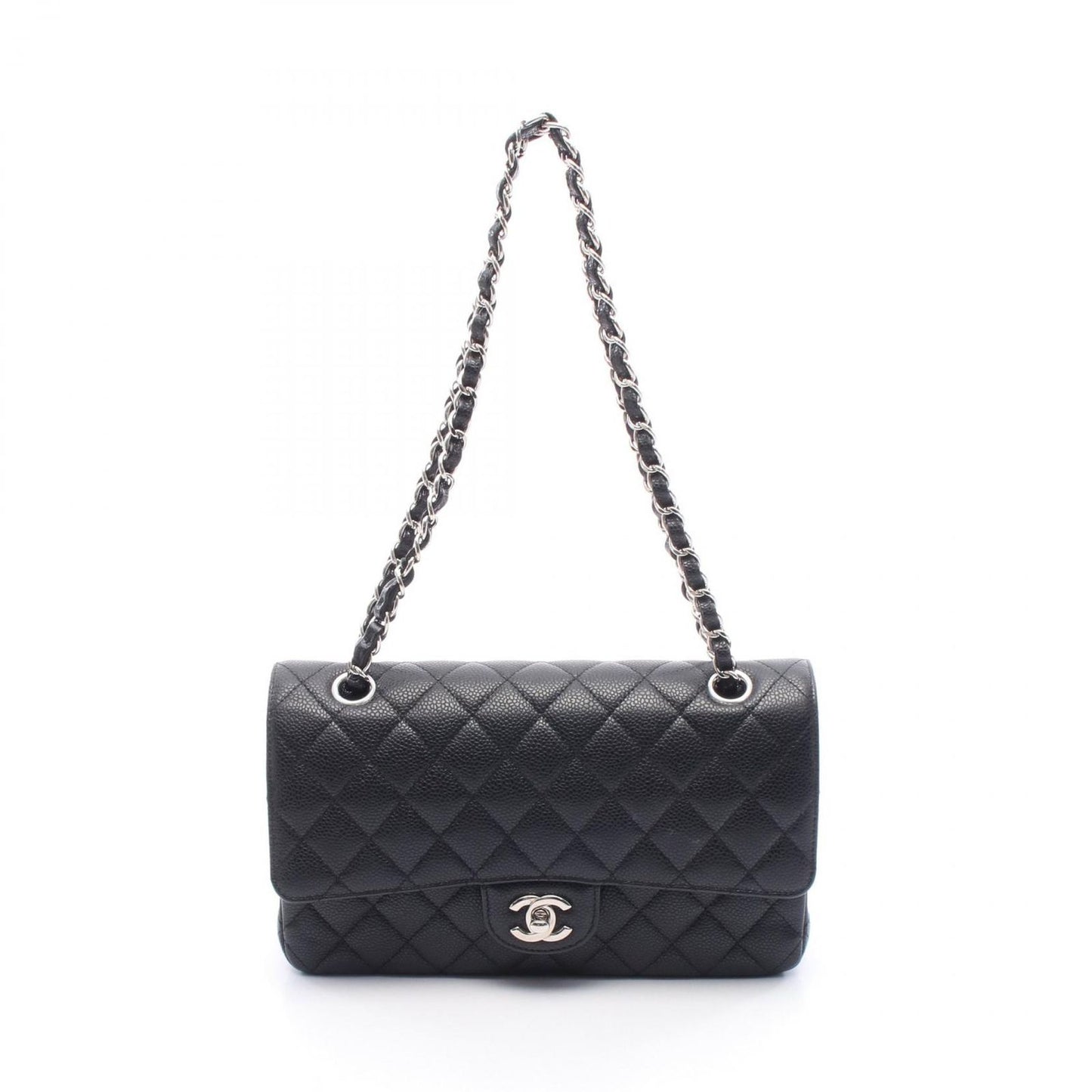 CHANEL Matelassé Double Flap Shoulder Bag in Black Caviar Skin