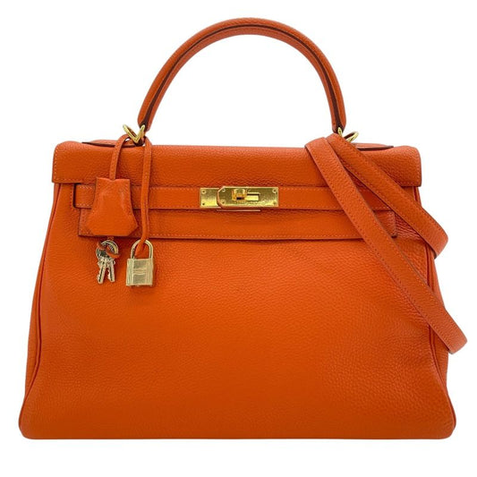 HERMES Kelly 32 Orange Togo Leather Shoulder Bag with Gold Hardware