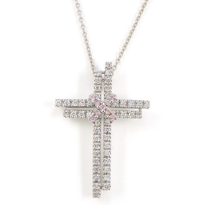 Exquisite Pink Diamond Cross Necklace in K18 White Gold
