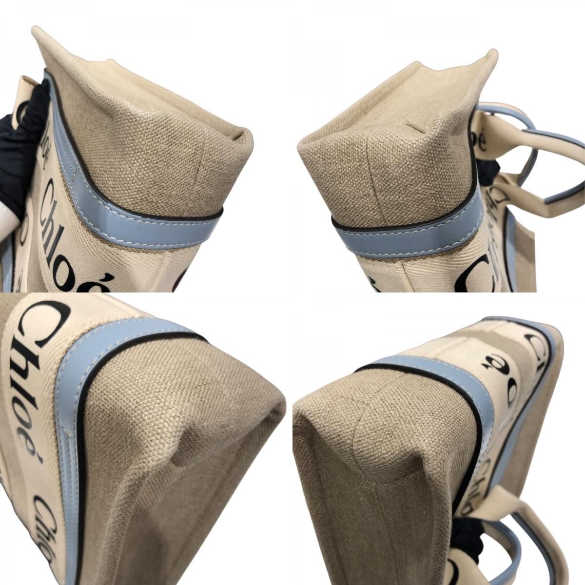 Chloe Woody Small Tote in Light Blue & Beige Linen Canvas