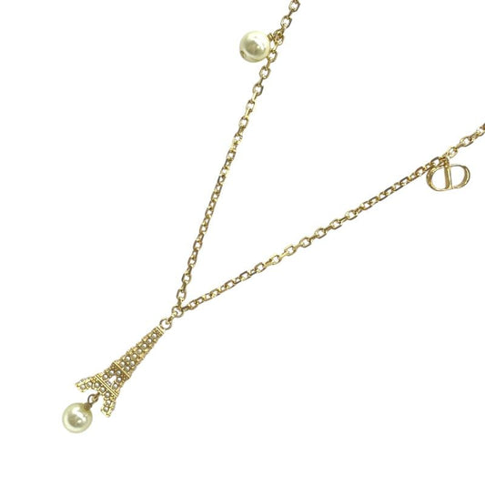 Christian Dior Eiffel Tower Necklace in Gold Metal & Faux Pearl