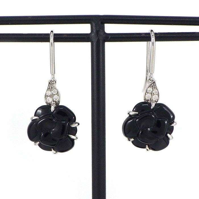CHANEL Camellia Swing Drop Earrings in Black Agate & Diamond