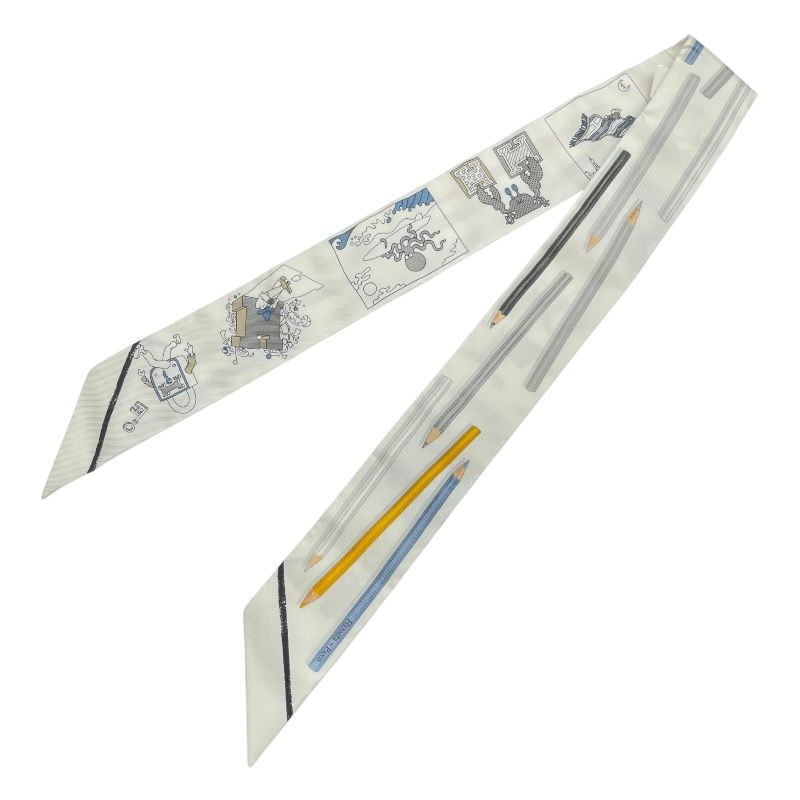 HERMES A Vos Crayons Carre Twilly Silk Scarf - White