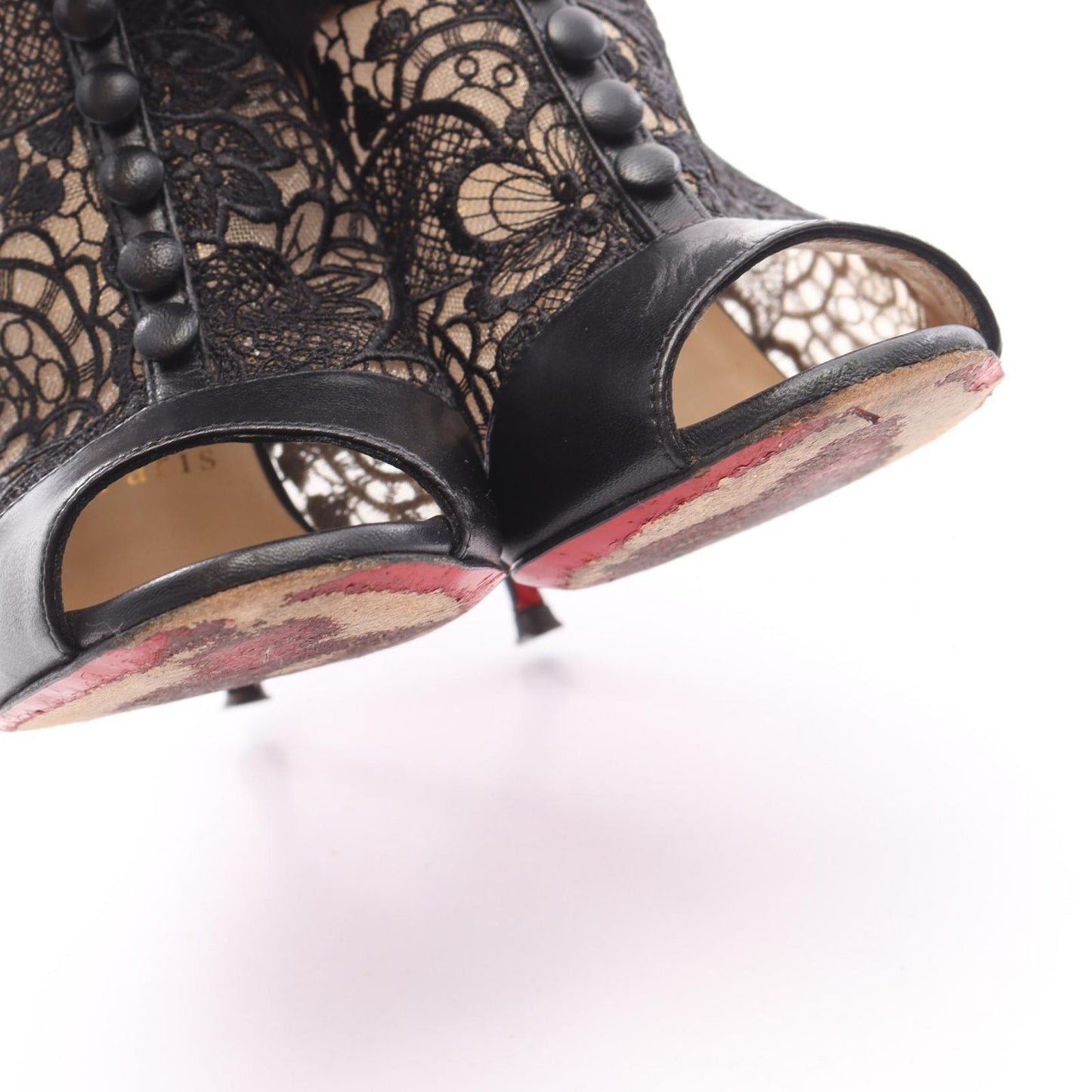 Christian Louboutin Black Leather Lace Open-Toe Booties - Size 35