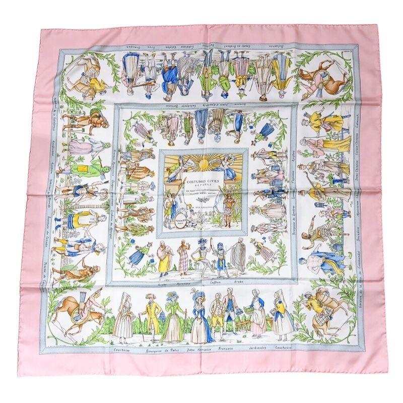 HERMES Carre 90 Costumes Civils Actuels Pink Silk Scarf