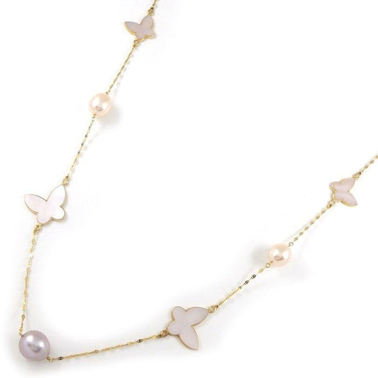 Elegant White Shell & Freshwater Pearl Butterfly Long Necklace