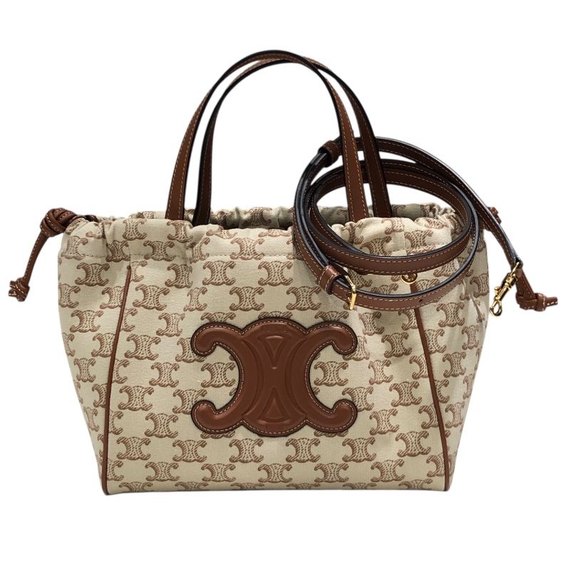 CELINE Small Cabas Drawstring Bag - White & Tan Textile