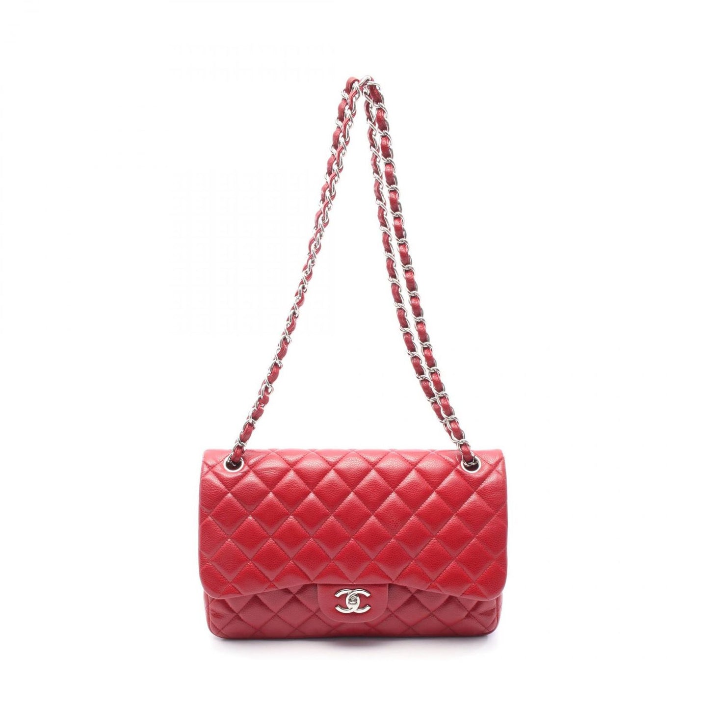 CHANEL Classic De Camellia 30 Large W Flap Shoulder Bag - Red Caviar