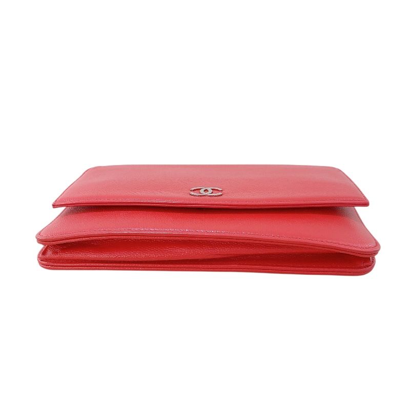 CHANEL Red Caviar Skin Chain Wallet with Silver Hardware