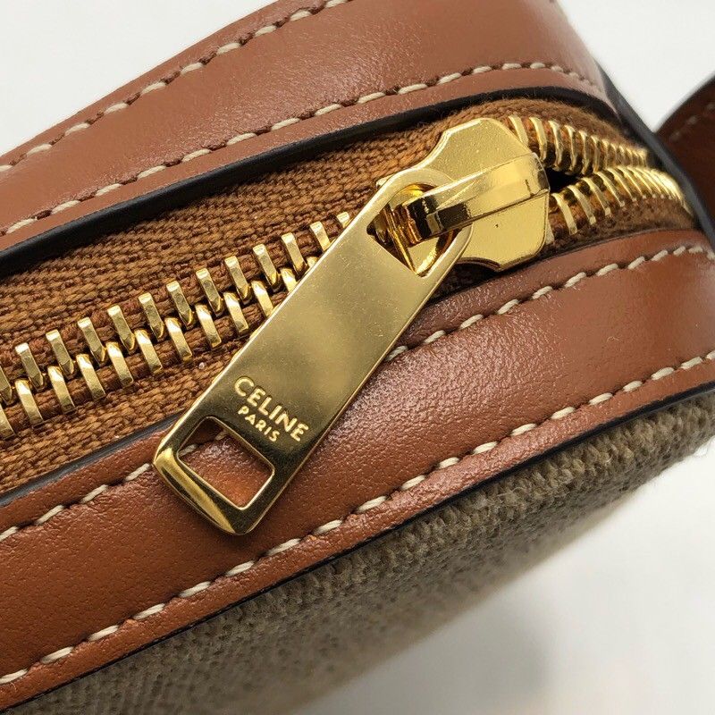 CELINE Triomphe Camera Shoulder Bag in Tan Canvas & Calfskin