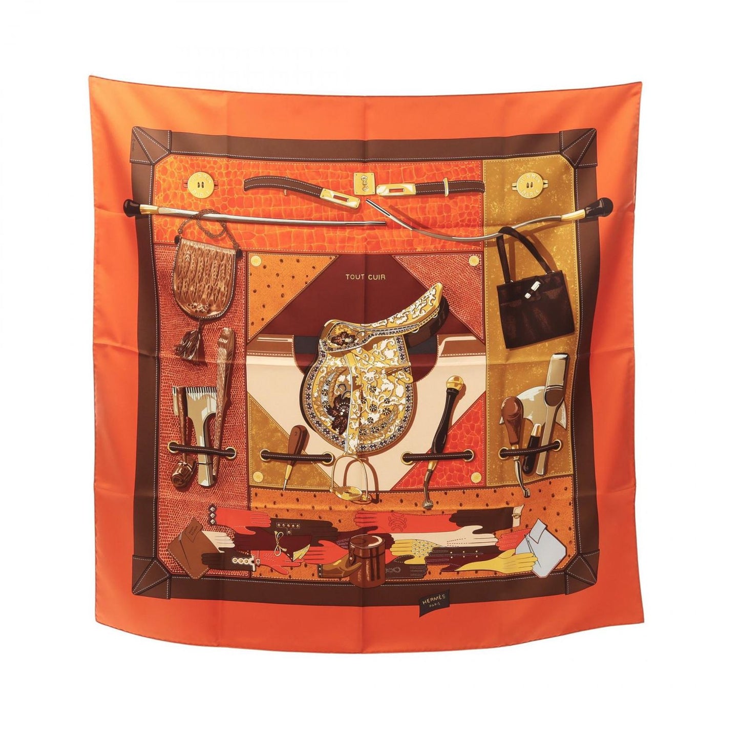 HERMES TOUT CUIR Silk Scarf in Brown & Orange - Exquisite Craftsmanship