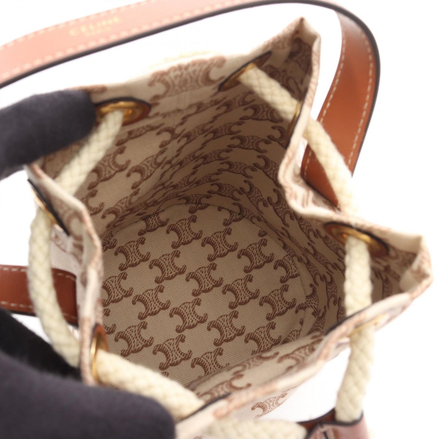 CELINE Teen Drawstring Triumph Handbag in Beige/Brown Canvas & Leather