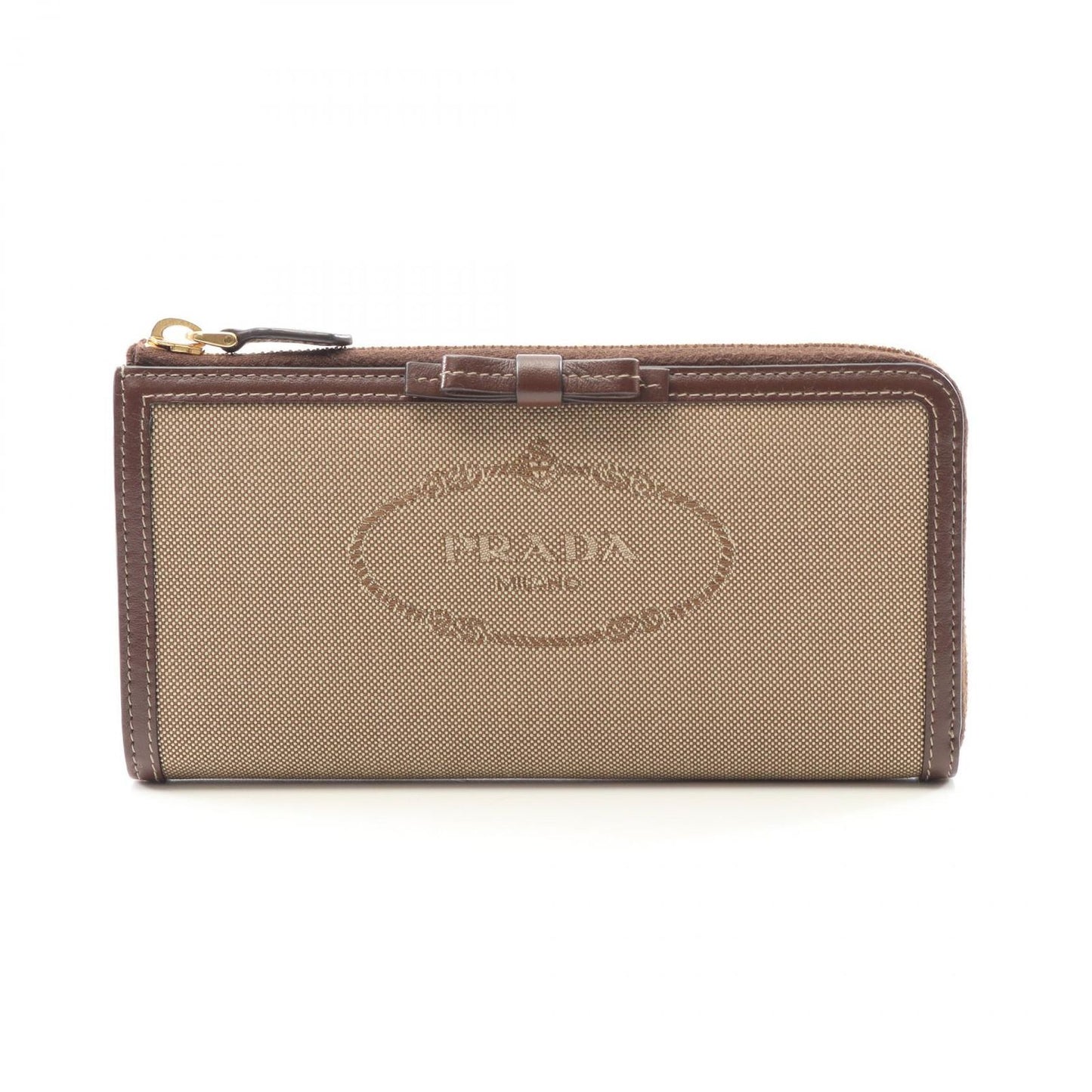 PRADA Logo Jacquard Round Long Wallet in Beige/Dark Brown