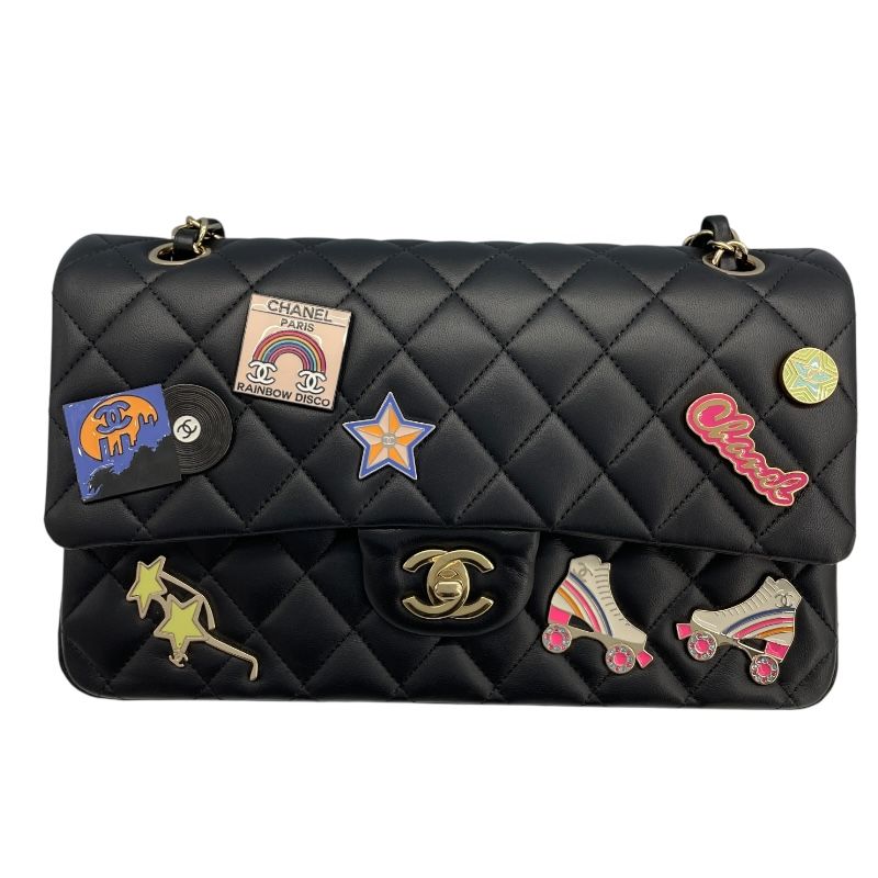 CHANEL Matelassé 25 Wappen Black Lambskin Shoulder Bag