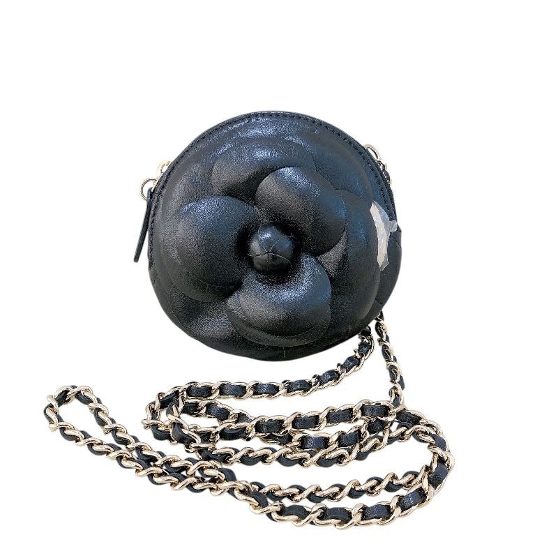 CHANEL Camellia Chain Shoulder Bag - Black Lambskin with Gold Hardware