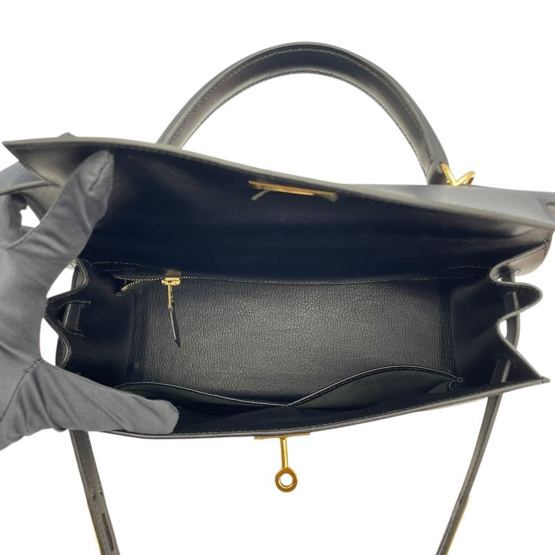 HERMES Kelly 28 Black Box Calf Shoulder Bag with Gold Hardware