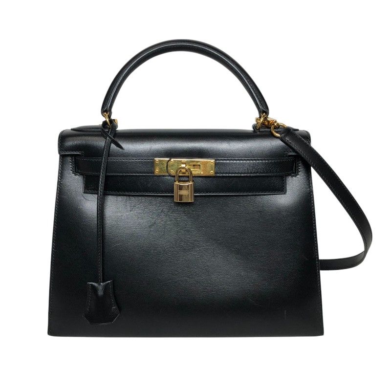 HERMES Kelly 28 Black Box Calf Shoulder Bag with Gold Hardware