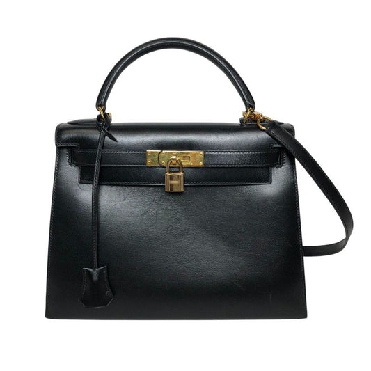 HERMES Kelly 28 Black Box Calf Shoulder Bag with Gold Hardware