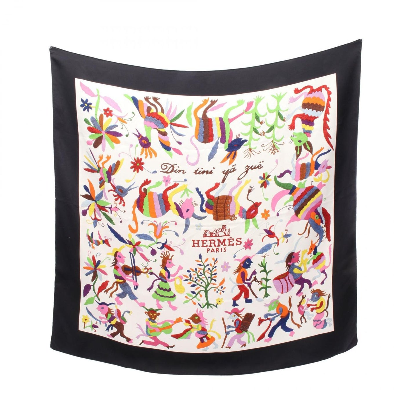 HERMES Silk Scarf Carre 90 DIN TINI YA ZUE - Exquisite Multi-Color Design