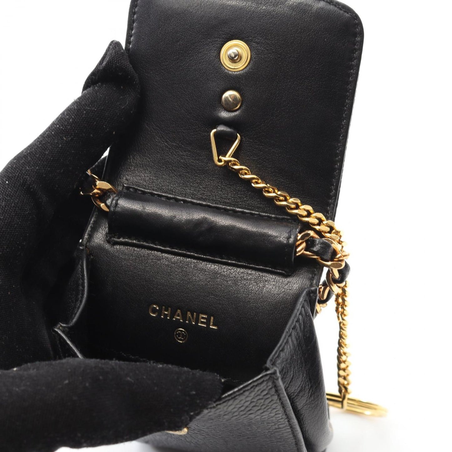 CHANEL Coco Mark Black Calfskin Chain Pouch - Timeless Elegance