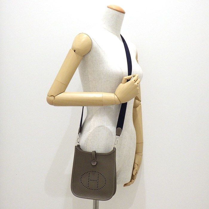 HERMES Evelyne TPM Shoulder Bag in Etoupe & Blue Indigo