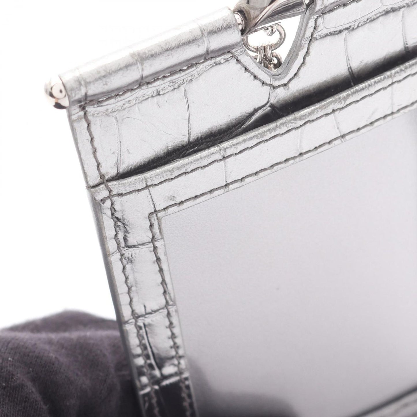 Miu Miu ST COCCO Silver Leather Card Case with Chain