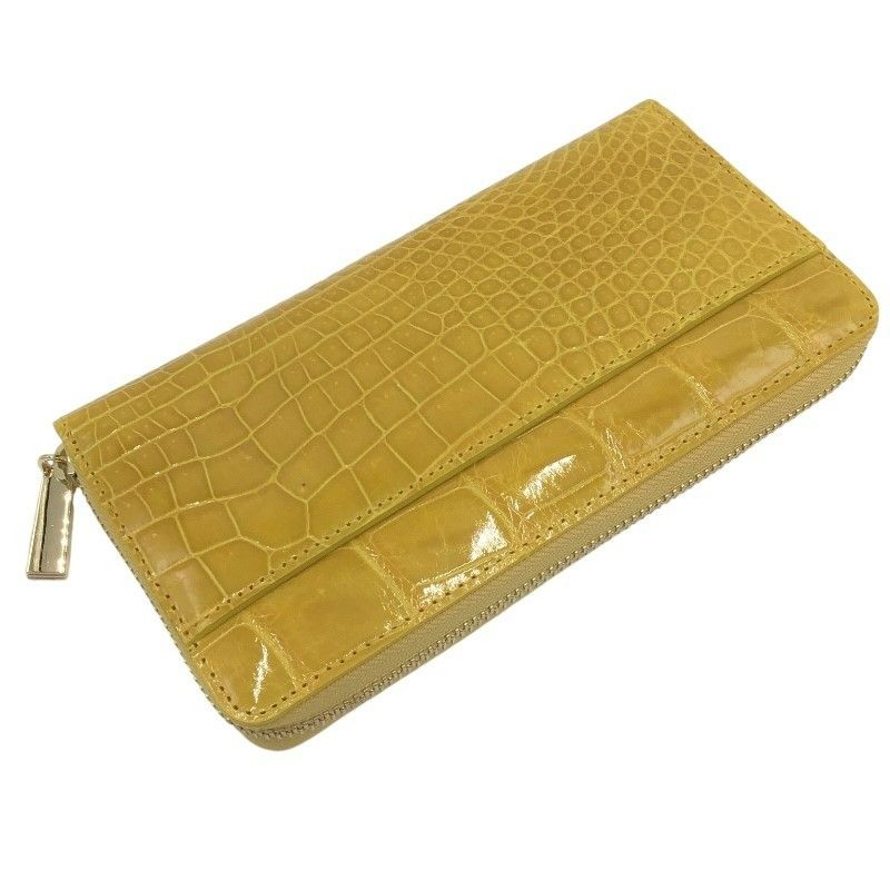 Exquisite Yellow Crocodile Leather Zipper Wallet with Gold Accents
