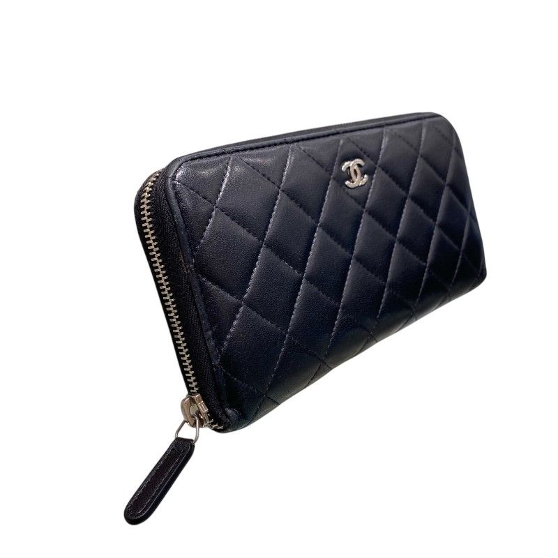 CHANEL Classic Long Zip Wallet in Black Lambskin with Silver Hardware