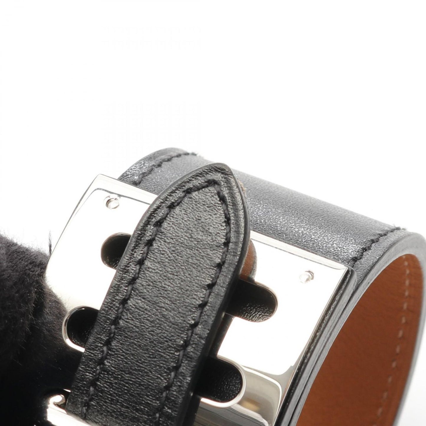 HERMES Intense Black Leather & Stainless Steel Bangle Bracelet