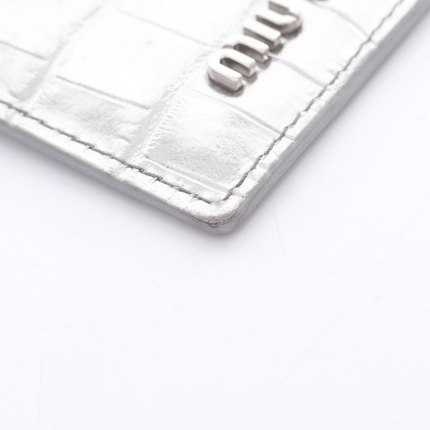 Miu Miu ST COCCO Silver Leather Card Case with Chain