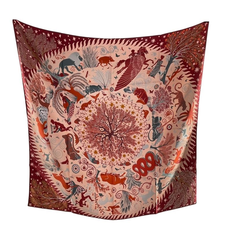 HERMES Double-Faced Silk Scarf Sous le Charme d'Orphee - Red & Grey