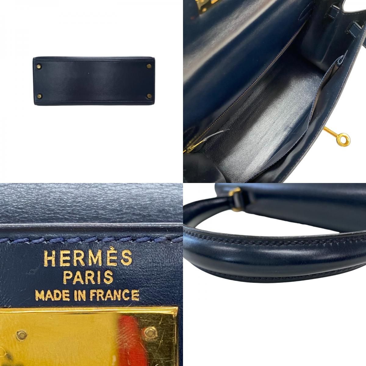 HERMES Kelly 28 Navy Box Calf Handbag with Gold Hardware