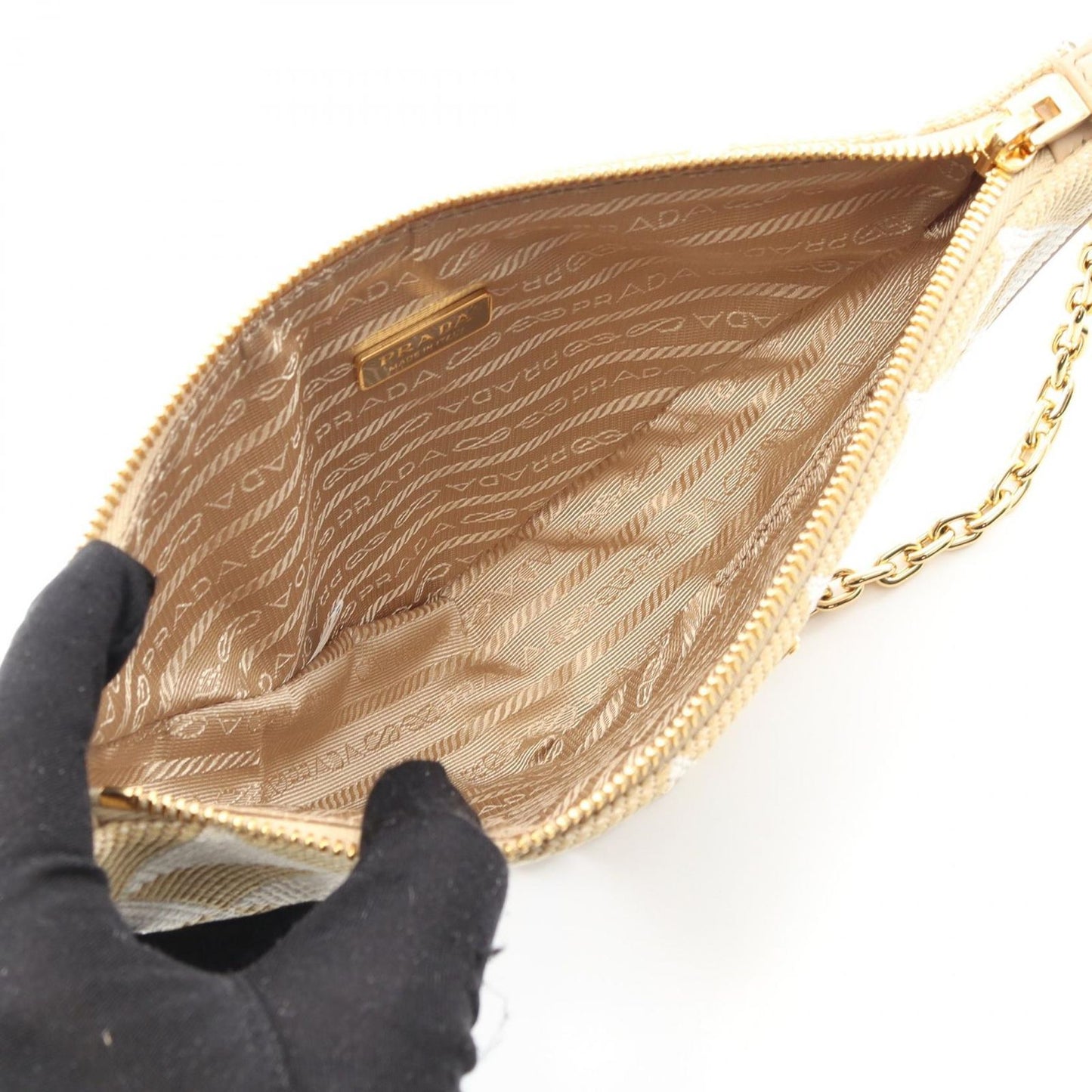 PRADA Triangolo Jacqu Canvas & Leather Shoulder Bag - Beige/White