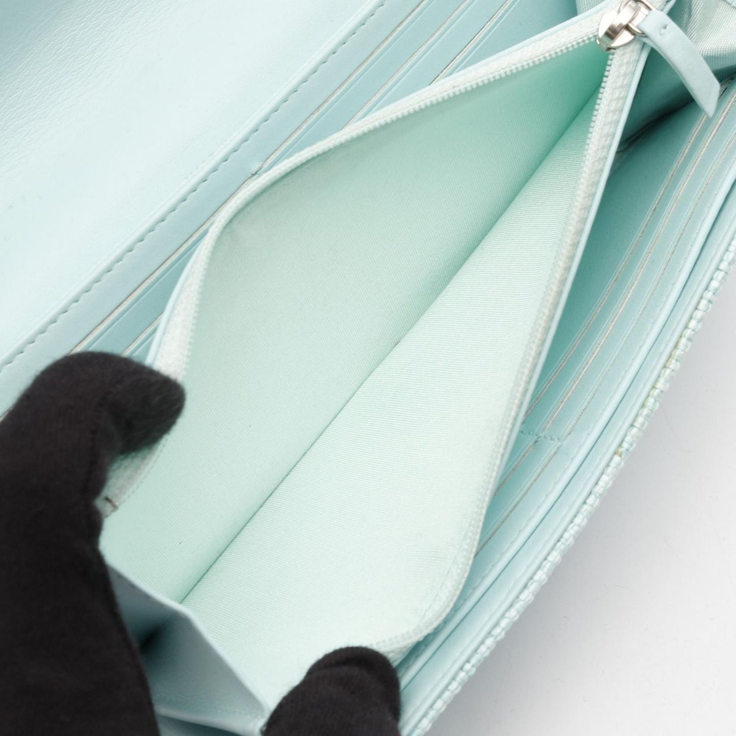 CHANEL Deauville Two-Fold Long Wallet in Light Blue Leather