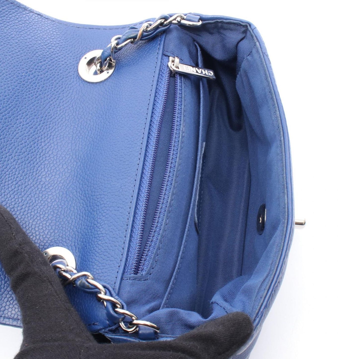 CHANEL Chevron V-Stitch Mini Chain Shoulder Bag in Blue Leather