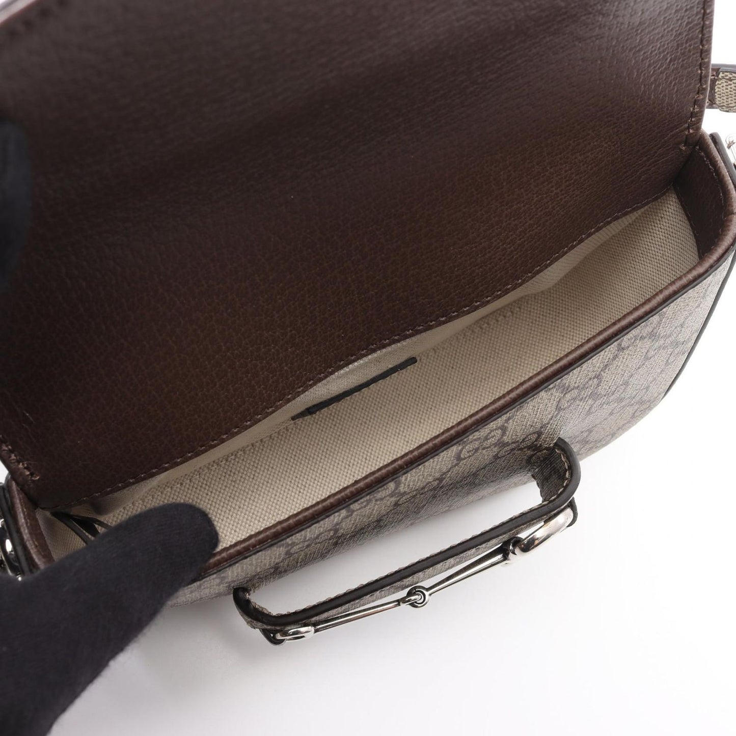 GUCCI Horsebit 1955 GG Supreme Shoulder Bag - Dark Brown/Beige