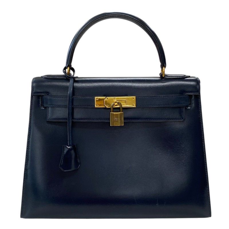 HERMES Kelly 28 Navy Box Calf Handbag with Gold Hardware