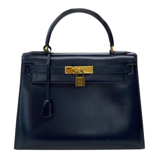 HERMES Kelly 28 Navy Box Calf Handbag with Gold Hardware