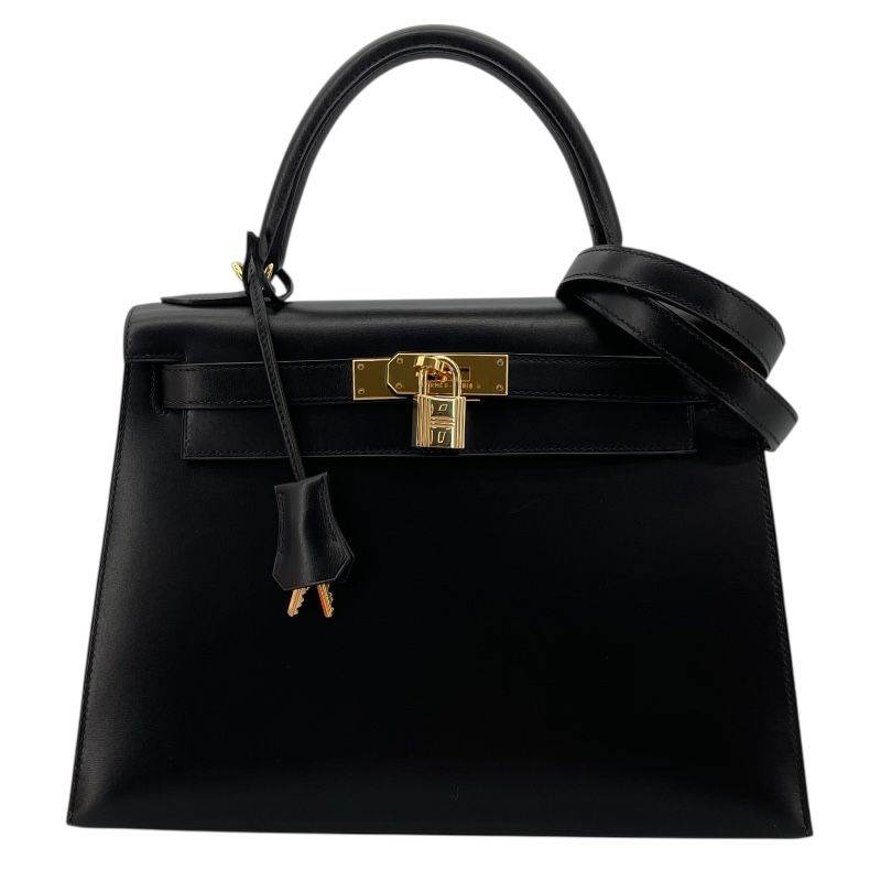 HERMES Kelly 28 Black Box Calf Shoulder Bag with Gold Hardware