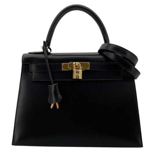 HERMES Kelly 28 Black Box Calf Shoulder Bag with Gold Hardware