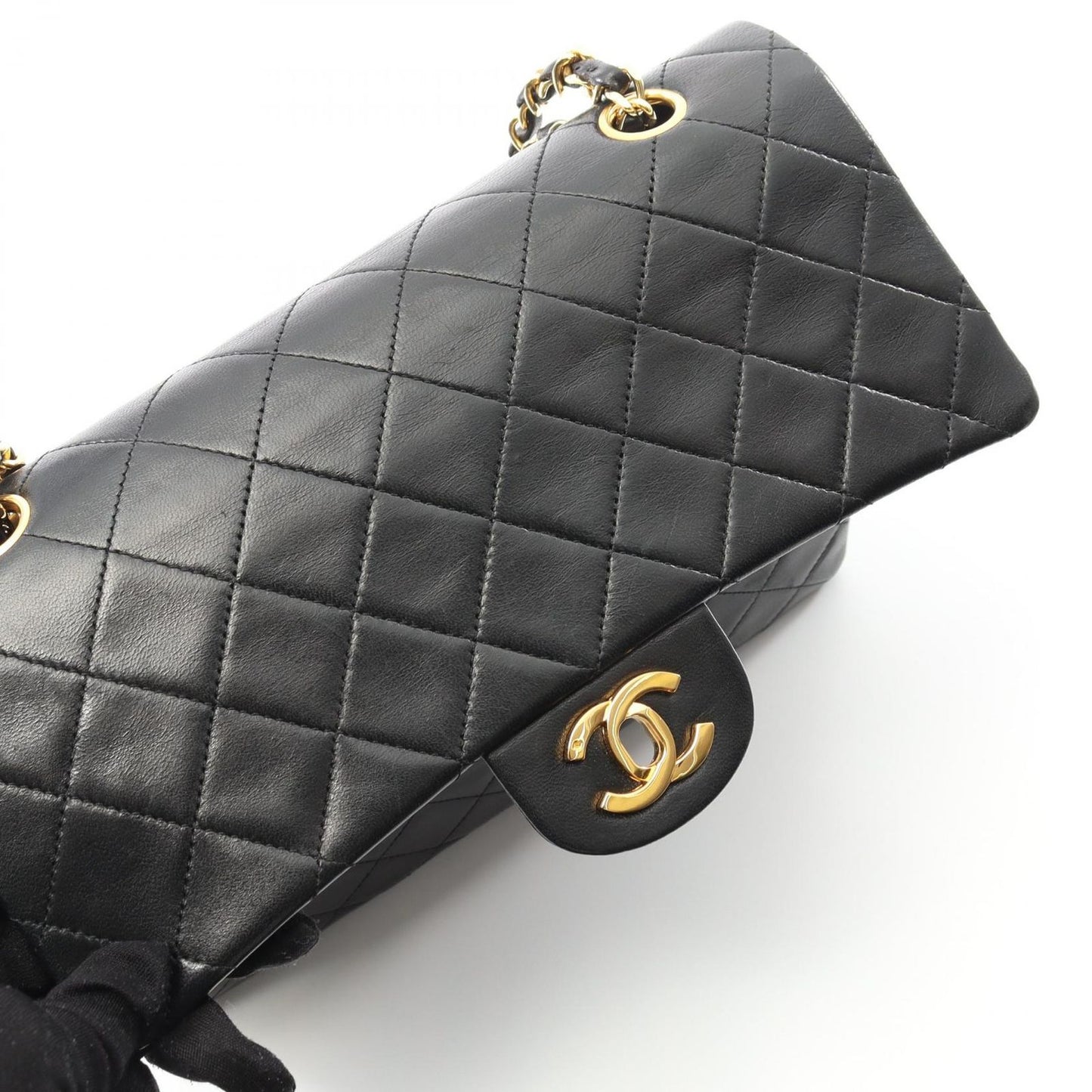 CHANEL Matelassé Double Flap Shoulder Bag in Black Lambskin