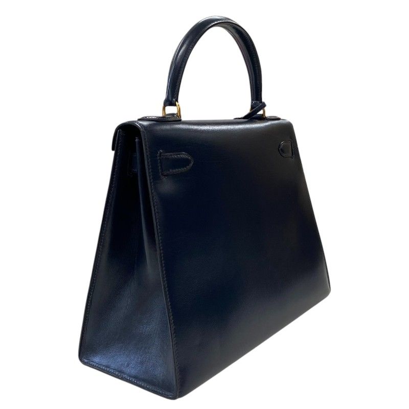 HERMES Kelly 28 Navy Box Calf Handbag with Gold Hardware