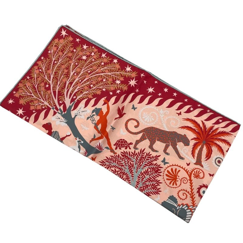 HERMES Double-Faced Silk Scarf Sous le Charme d'Orphee - Red & Grey